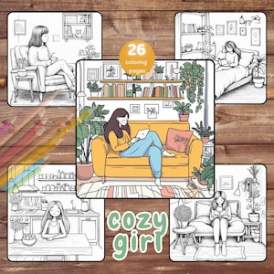 26 Cozy Girl Coloring Book, Easy Girl Coloring Pages, Cute Cozy Life, Printable PDF, Instant Download