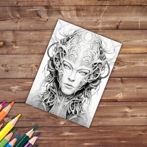May include: A black and white line drawing of a woman's face with intricate details. The woman is wearing a crown-like headdress with a floral design. The drawing is on a white background.