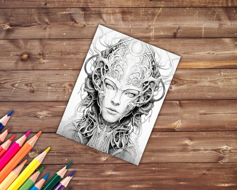 May include: A black and white line drawing of a woman's face with intricate details. The woman is wearing a crown-like headdress with a floral design. The drawing is on a white background.