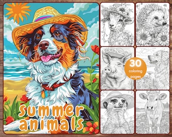 30 Summer Animals Coloring Book, Grayscale Animals and Flowers Coloring Pages for Adults Kids, Cats, Dogs, Printable PDF, Instant Download