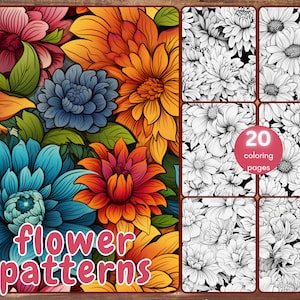 Puede incluir: 20 páginas para colorear con intrincados patrones de flores. Las páginas son en blanco y negro, listas para ser coloreadas. La imagen muestra una muestra de los patrones, con una variedad de flores en tonos de azul, naranja y rojo.
