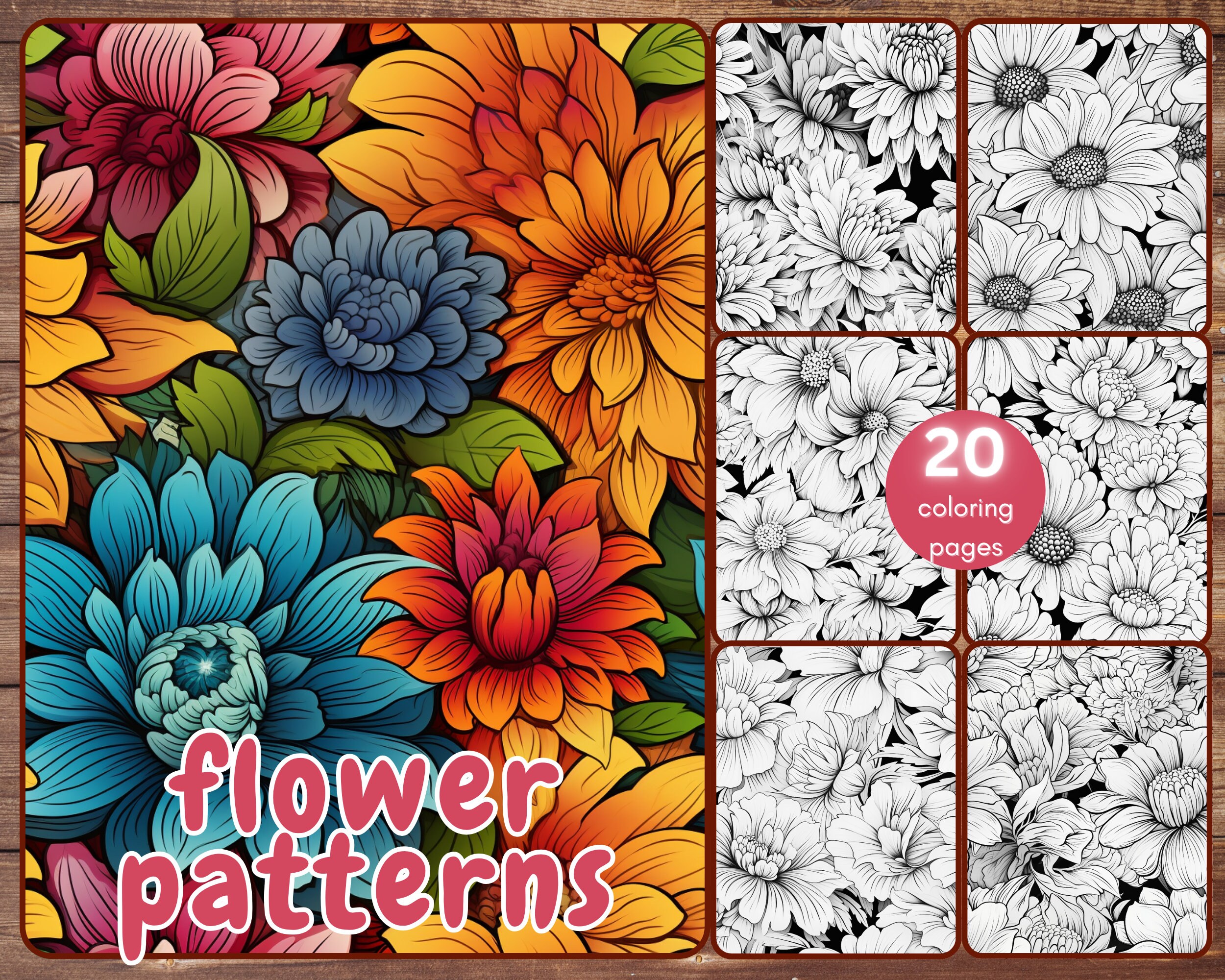 20 Seamless Flower Patterns Coloring Book, Printable Floral Coloring ...