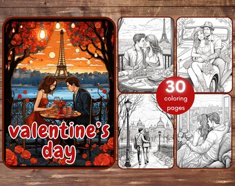 30 Valentinstag Malbuch, Graustufen druckbare Paare, Färbung für Erwachsene und Jugendliche, romantisches Abendessen, Paris Rom, sofort Download