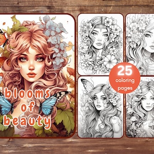 25 Flowers and Beautiful Women Coloring Book, Floral Adult Coloring, Fairy Woman, 25 Pages, Instant Download, Flower Wreath Crown