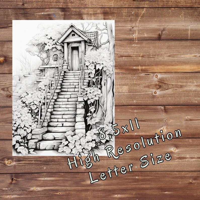 34 Secret Garden Coloring Book, Grayscale Fantasy Enchanted Forest