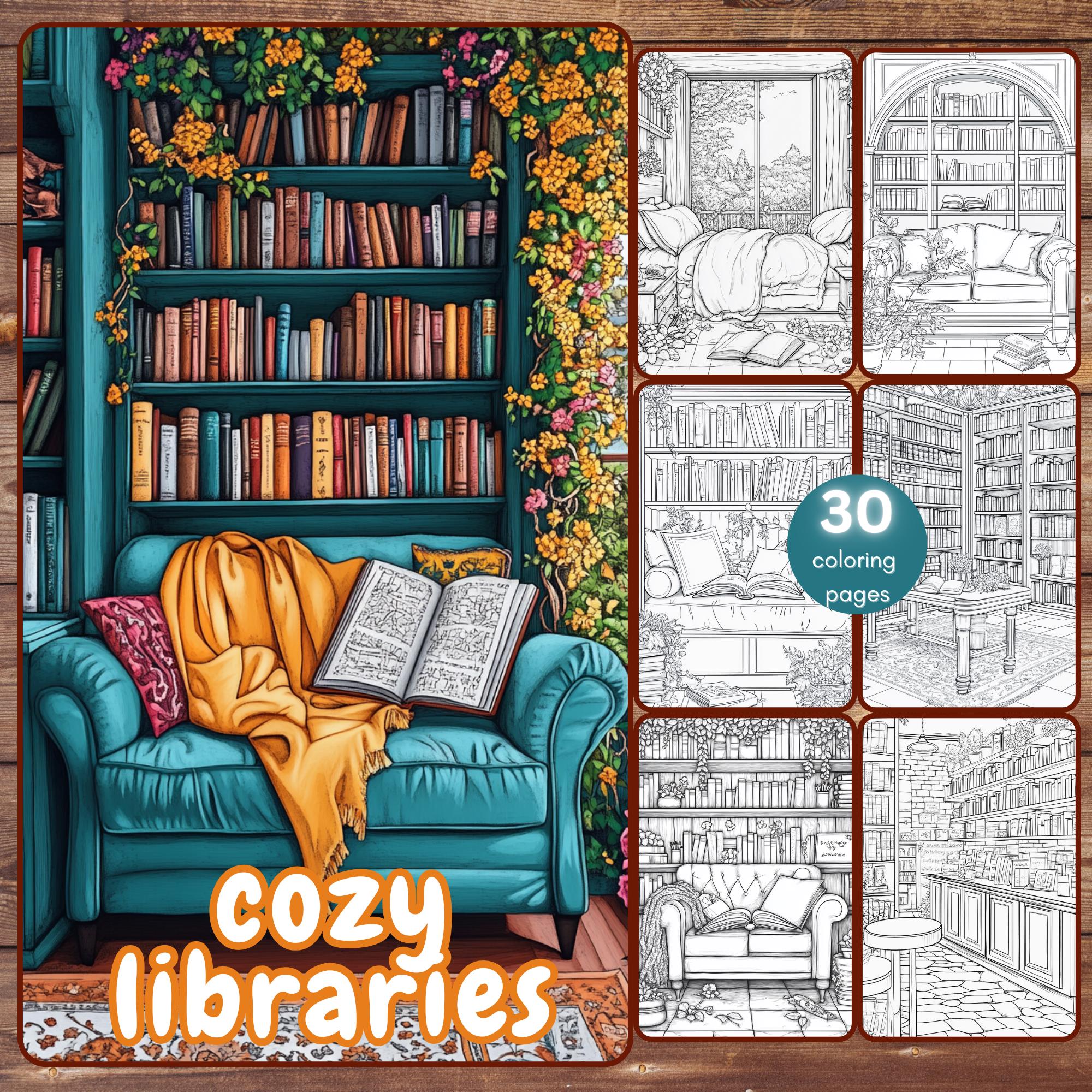 30 Cozy Libraries Coloring Book for Adults â Grayscale Reading Nooks & Bookshelf Scenes, Printable PDF & PNG for Procreate