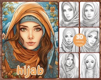 30 libri da colorare con l'hijab, pagine da colorare in scala di grigi con donne musulmane per adulti e adolescenti, PDF stampabile, download immediato