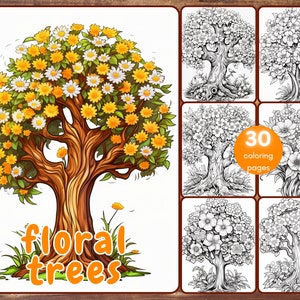 30 Blumen Bäume Malbuch, Graustufen Fantasie Blumen und Bäume Malseiten, Blumen Bäume, printable PDF, Instant Download