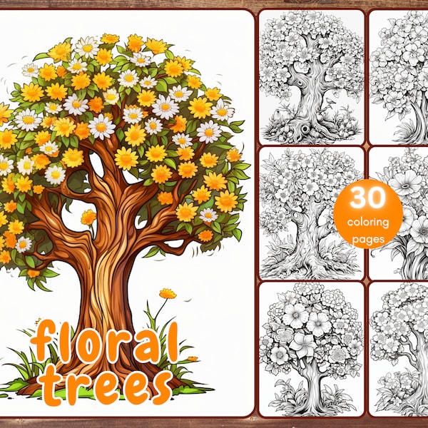 30 Floral Trees Coloring Book, Grayscale Fantasy Flower and Trees Coloring Pages, Flower Trees, Printable PDF, Instant Download