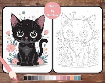 以下が含まれることがあります： 大きな目をした黒い子猫が、ピンクと青の花に囲まれた、数字でペイントするキット。キットには、色分けされたイラストと、ペイントに対応するアウトラインが含まれています。「Color by Number」というテキストはピンク色の円の中にあります。