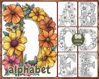 56 Alphabet Coloring Book, Grayscale Letters Coloring Pages for Adults, Letters with Flowers, Printable PDF, Instant Download