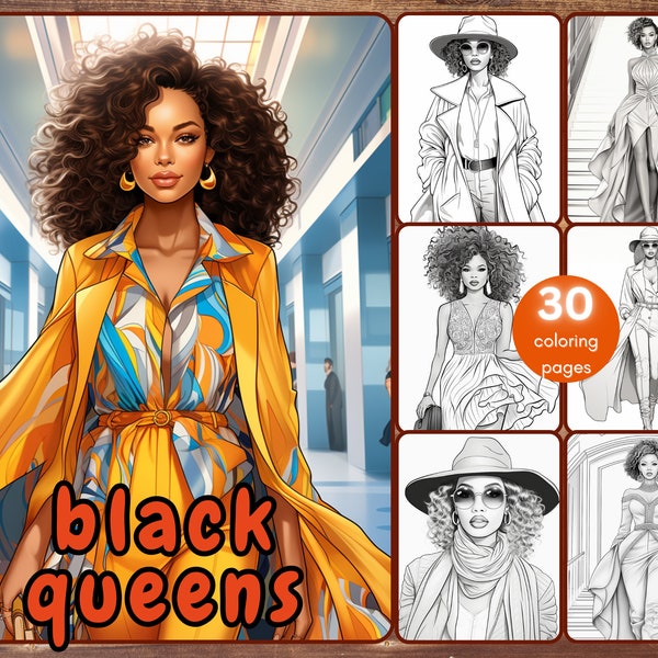 30 Black Queens Fashion Coloring Book, Grayscale Printable Black Women Coloring Pages for Adults, Dresses, Runway, PDF, Instant Download