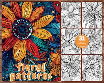 31 Flower Patterns Coloring Book, Abstract Floral Patterns Coloring Pages for Adults, Stress Relief, Printable PDF, PNG, Instant Download