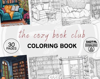 30 Cozy Libraries Coloring Book, Grayscale Library Coloring Pages for Adults, Reading Corners, Bookworms, PNG, Procreate, Printable PDF