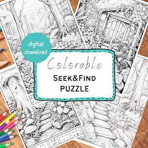 Peut inclure: Une page à colorier imprimable avec un jeu de recherche et de découverte sur le thème de la forêt. L'image montre un chemin à travers une forêt avec des champignons, des arbres et d'autres détails à trouver. Le texte "Colorable Seek & Find Puzzle" est en haut de la page.