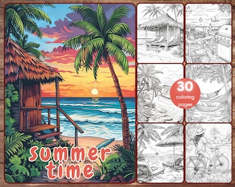 30 Summer Time Coloring Book, Grayscale Beach Coloring Pages for Adults, Flowers, Cabana, Tropical, Printable PDF, Instant Download