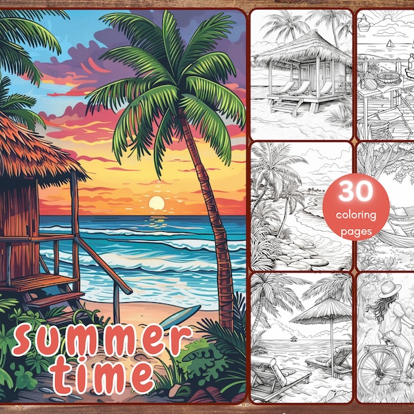 30 Summer Time Coloring Book, Grayscale Beach Coloring Pages for Adults, Flowers, Cabana, Tropical, Printable PDF, Instant Download