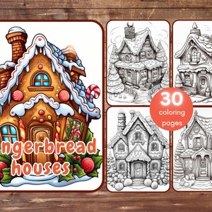 30 Gingerbread House Coloring Book, Grayscale Printable PDF Christmas Coloring for Adults and Kids, Candy, Christmas House, Sugarcane