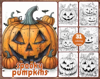 31 Spooky Pumpkins Coloring Book, Grayscale Halloween Coloring Pages for Adults and Kids, Carved Pumpkins, Printable PDF, Instant Download