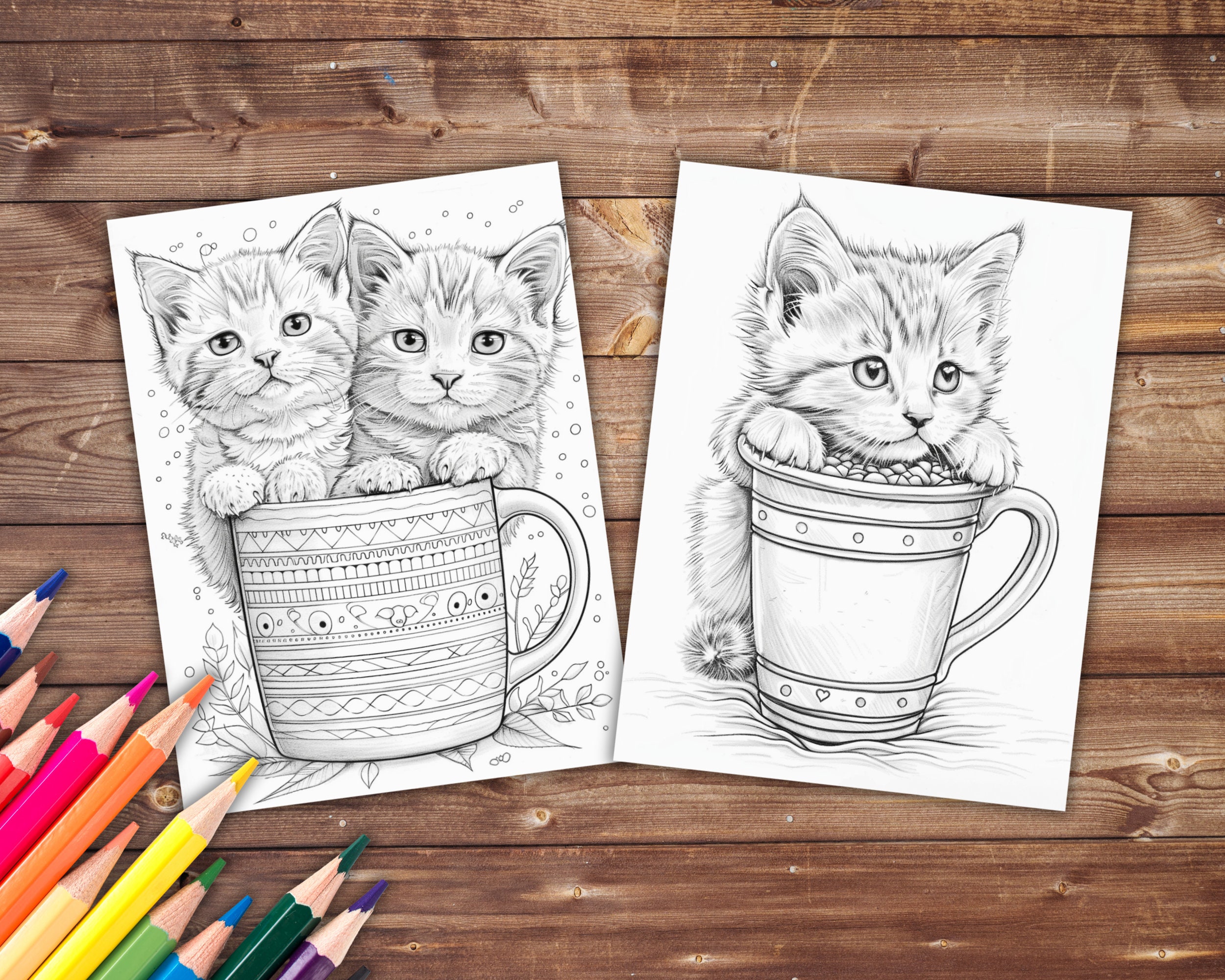 33 Kittens in a Mug Coloring Book, Grayscale Cute Cats Coloring Pages ...