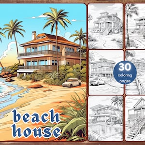 30 Strandhaus Malbuch, Graustufen Traumhaus Malseiten für Erwachsene, printable PDF, Instant Download