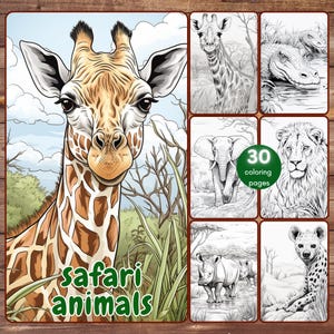 30 Safari Animals Coloring Book, Grayscale Printable PDF African Animals Coloring Pages for Adults Kids, Cute Jungle Animals
