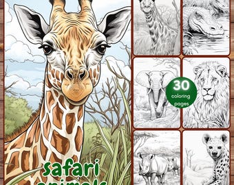30 Safari Animals Coloring Pages, Grayscale Printable PDF African Animals Coloring Book for Adults Kids, Cute Jungle Animals