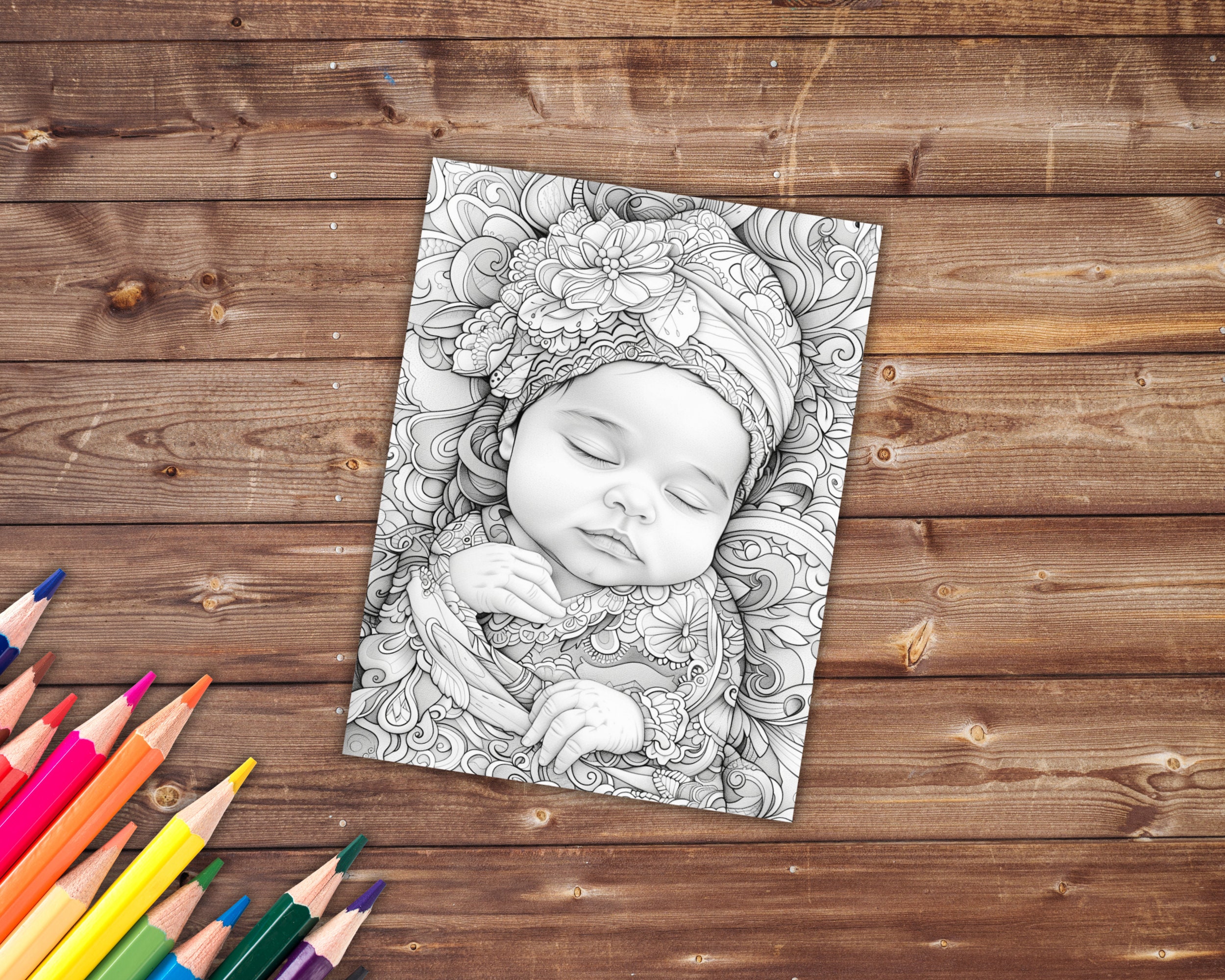 35 Cute Babies Coloring Book, Grayscale Newborn Babies and Flowers ...