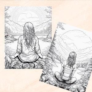 May include: Two black and white line drawings of women sitting on rocks by a lake in a mountainous landscape. The women are facing away from the viewer. The first image shows the woman sitting with her legs crossed. The second image shows the woman sitting with her legs straight out in front of her.