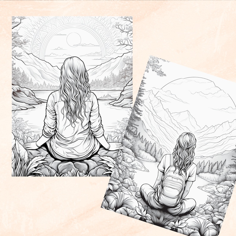 May include: Two black and white line drawings of women sitting on rocks by a lake in a mountainous landscape. The women are facing away from the viewer. The first image shows the woman sitting with her legs crossed. The second image shows the woman sitting with her legs straight out in front of her.