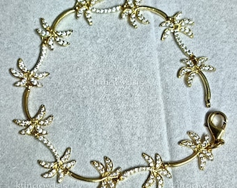 Round Cut Diamond Palm Tree Bracelet for Women&#39;s 14K Yellow Gold Bracelet, Dainty Women Bracelet, Special Occasion Bracelet, Link Chain 7&quot;