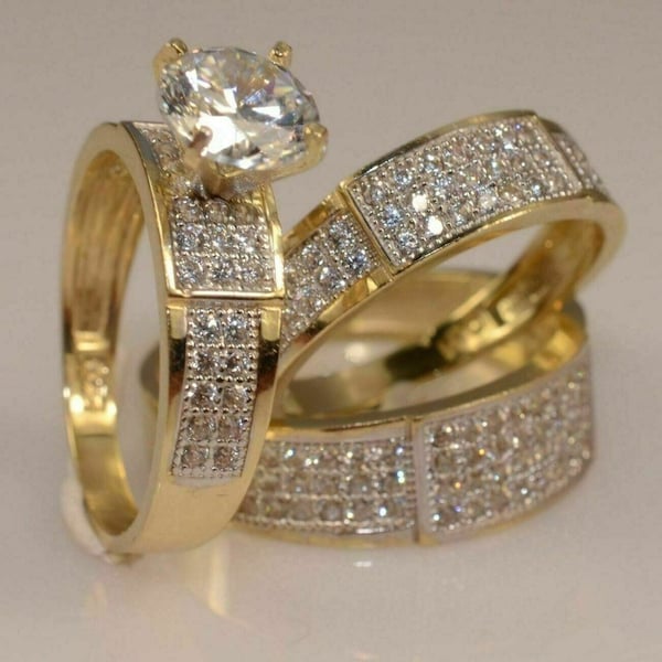 Trio His Her Engagement Ring Set/Wedding Band Trio Ring Set/14k Gold Plated/Matching Engagement Ring Set/Bridal Trio Set Men's Women's Gift