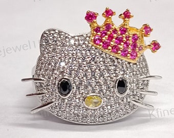 Diamond Ring Women's Kitty, Hello Kitty-ring kroon, Mini Kitty Cat Face-ring, pure 925 sterlingzilveren ring, bedelring Kitty, verjaardagscadeau