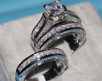 Princess Cut Lab Created Diamond His Her Wedding Trio Ring Set, 14K White Gold Plated Ring, Unisex Trio Ring Set, Anniversary Gift Ring