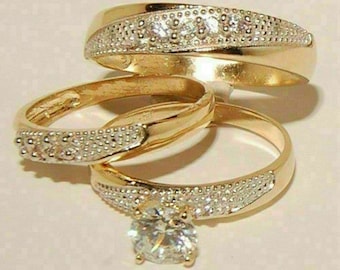 Conjunto de anillos de trío de banda para él y ella de boda con diamantes chapados en oro amarillo de 14 k, conjunto de anillos de compromiso a juego, conjunto de trío nupcial para hombres y mujeres