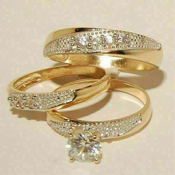 Diamond Wedding His & Her Band Trio Ring Set 14k Yellow Gold Plated, Matching Engagement Ring Set, Bridal Trio Set Men's Women's