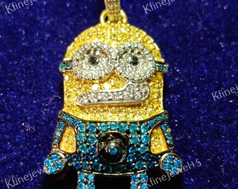 Hand Made,3D Minion Cartoon,Multi Color Round Cut Diamond,Pendant For Mens & Womens, Pendant For Kids, Birthday Gift,14K Yellow Gold Plated
