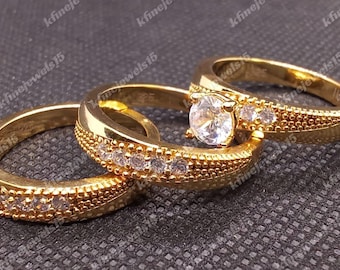 Lab Created Diamond Wedding His & Her Band Trio Ring Set 14k Yellow Gold Plated, Matching Engagement Ring Set, Bridal Trio Set