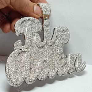 Men&#39;s Big Customized Charm Name Pendant,3D Word Pendant,925 Sterling Silver, Uppercase Letter Pendant, Hip Hop Jewelry,14K White Gold Plated
