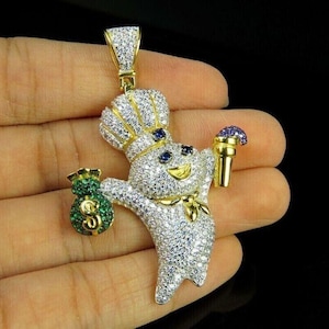 Round Cut Diamond, Cute Cartoon Doughboy Pendant, 14K Yellow Gold Plated, Gifts For Men&#39;s, Character Cartoon Pendant, Hip Hop Custom Pendant