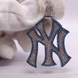 Round Simulated London Blue Topaz NY Yankees Pendant, Initial Letter Pendant, Customizes Letter Pendant, Unique Art Deco Style Pendant Gift