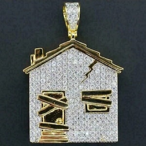 Round Cubic Zirconia Diamond, Mens HOUSE Pendant,Hip Hop House Trap Pendant, Trap House Custom Pendant, Bling Gift Charm,925 Sterling Silver