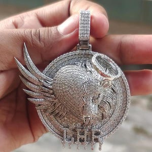 Men&#39;s &quot;Evil And Love&quot; Circle Custom Round Lab Created Diamond Pendant, 925 Sterling Silver, 14K Gold Plating, Rapper Pendant,Hip Hop Pendant