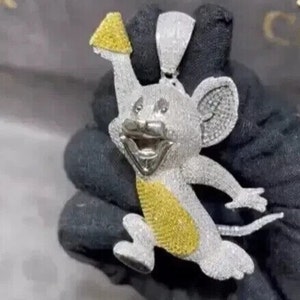 Custom Mouse Pendant 14K White Gold Silver Finish, Iced Out Cartoon Pendant, Funny Cartoon Pendant Best Gift Jewelry For Him Kid Unisex
