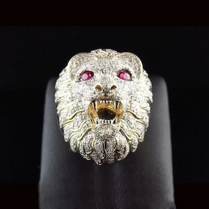 メンズ ライオンヘッドリング、男性用動物愛好家リング、キュービックジルコニアダイヤモンド、925スターリングシルバーライオンフェイスリング、彼へのライオンヘッドジュエリーギフト
