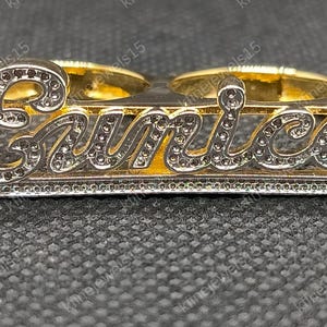 Anillo de dos dedos para hombre, anillo estilo hip hop, anillo de rapero, anillo personalizado, chapado en oro amarillo de 14 quilates, anillo con nombre personalizado