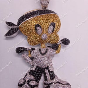 Round Cut Simulated White & Black Diamond Custom Cartoon Pendant 14K 2 Tone Gold Plated 925 Sterling Silver, Character Cartoon Pendant