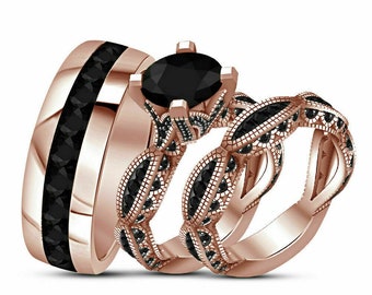 14K Rose Gold Plated 925 Sterling Silver, His Her Round Lab Created Black Diamond, Wedding Band Engagement Trio Ring Set,Couples Ring