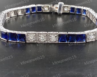 Men&#39;s Tennis Bracelet / Princess Lab-Created Sapphire And Diamond Tennis Bracelet/ Halo Diamond Tennis Bracelet/ Diamond Tennis Bracelet