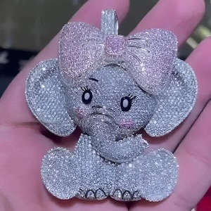 Cluster Round Cut Simulated Diamond Cute Cartoon Elephant Pendant 14K White Gold Plated, Gifts For Kids, Character Cartoon Pendant